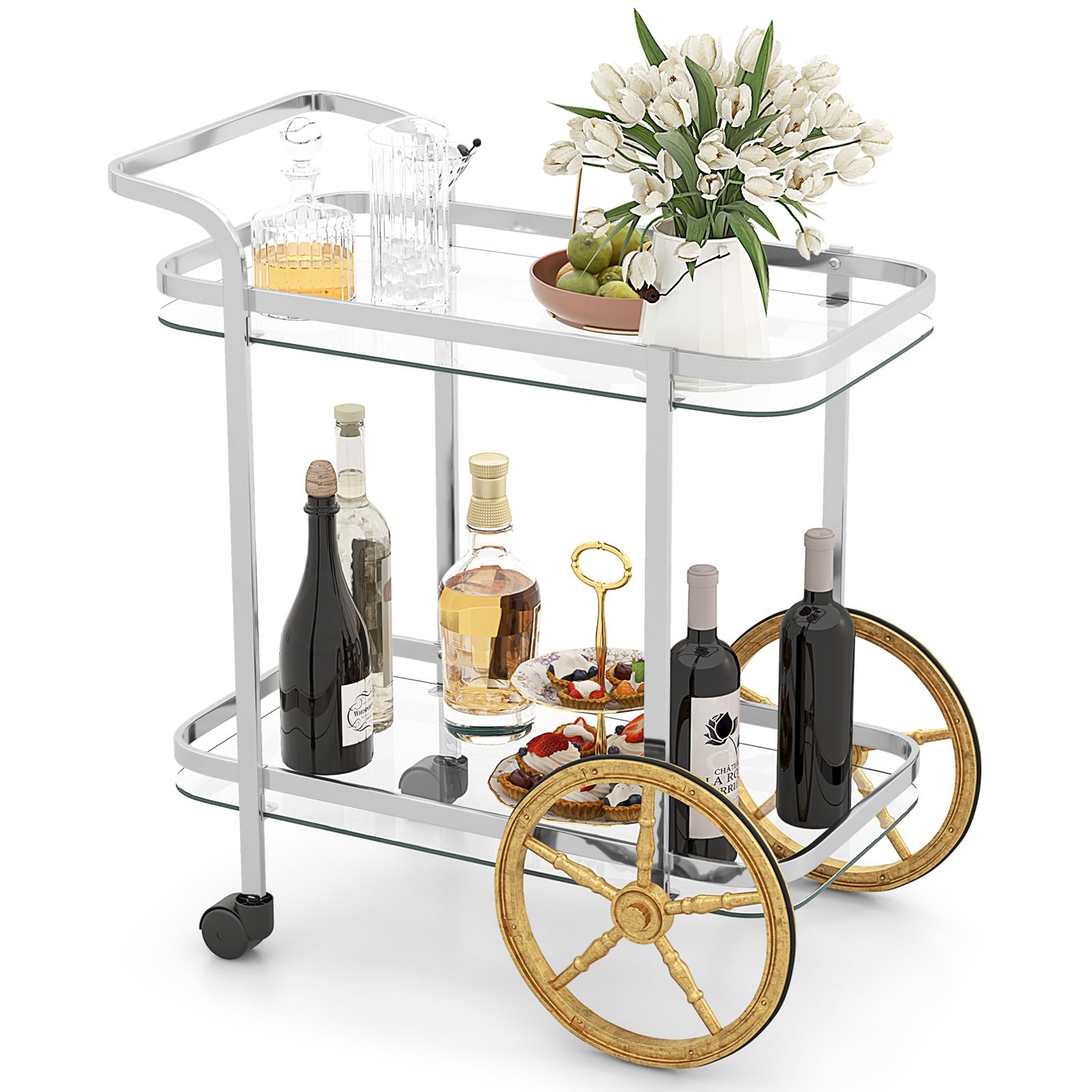 Tangkula Bar Cart for The Home, 2-Tier Rolling Tempered Glass Serving Cart, 2 Large Gold Aluminum Wheels & 2 Casters